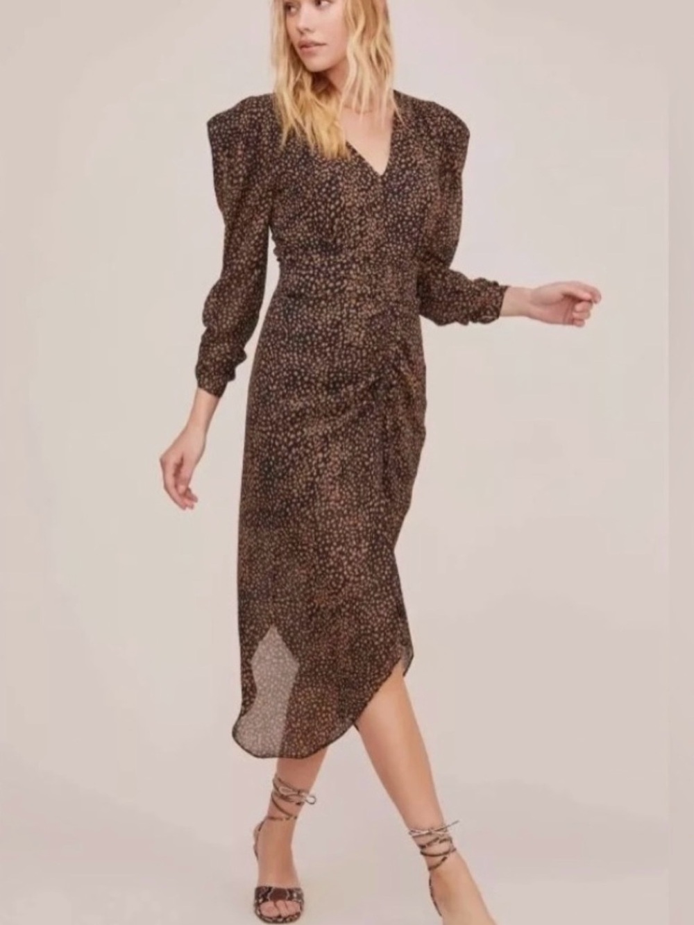Astr the Label Black+Brown Printed Midi Dress with Puff Shoulders